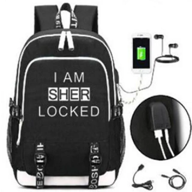 Шерлок I Am Sher рюкзак с замком Сумка usb портом для зарядки и школьная сумка