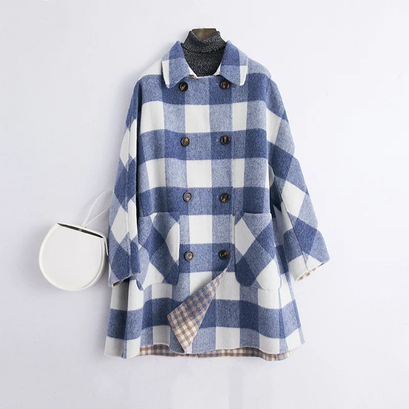 

2019 spring new handmade wool double-sided coat woolen coat female long section cashmere blue grid Korean version