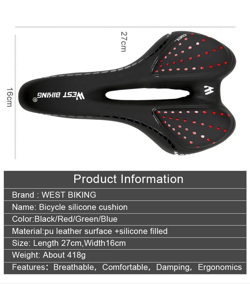 WEST BIKING подушка для велосипеда из искусственной кожи, дышащая, удобная, полый, силикагель, полиуретан, Противоударная, для горного велосипеда