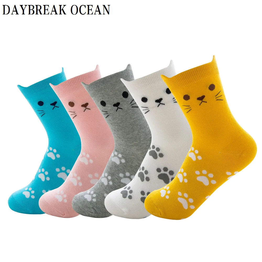 Mix Color 5 пар забавных милых женских носков с рисунком кота из мультфильма; мягкие удобные хлопковые носки для женщин; сезон осень-зима; повседневные модные милые носки для девочек - Цвет: Mix Color