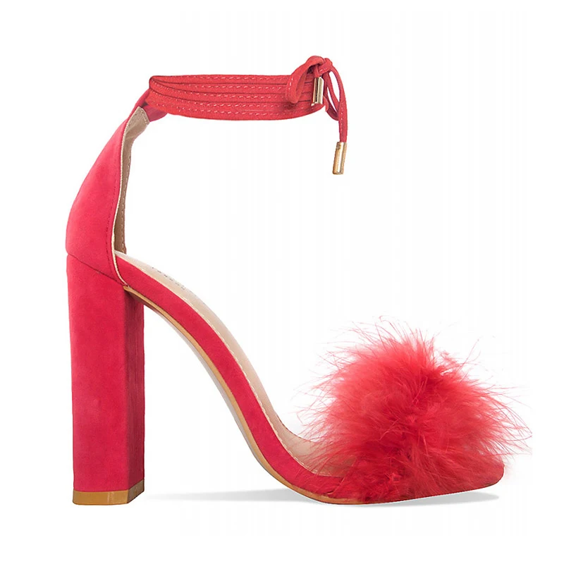 Perixir Women Shoes Thick High Heels Ankle Strap Rabbit's Hair Dress Black Red Woman Summer Sandals 2020 Size 35-41 | Обувь