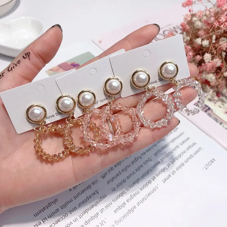 circle geometric crystal pearl earring 925 silver post Hypoallergenic fadeless fashion jewelry stud earrings for women gift | Украшения и