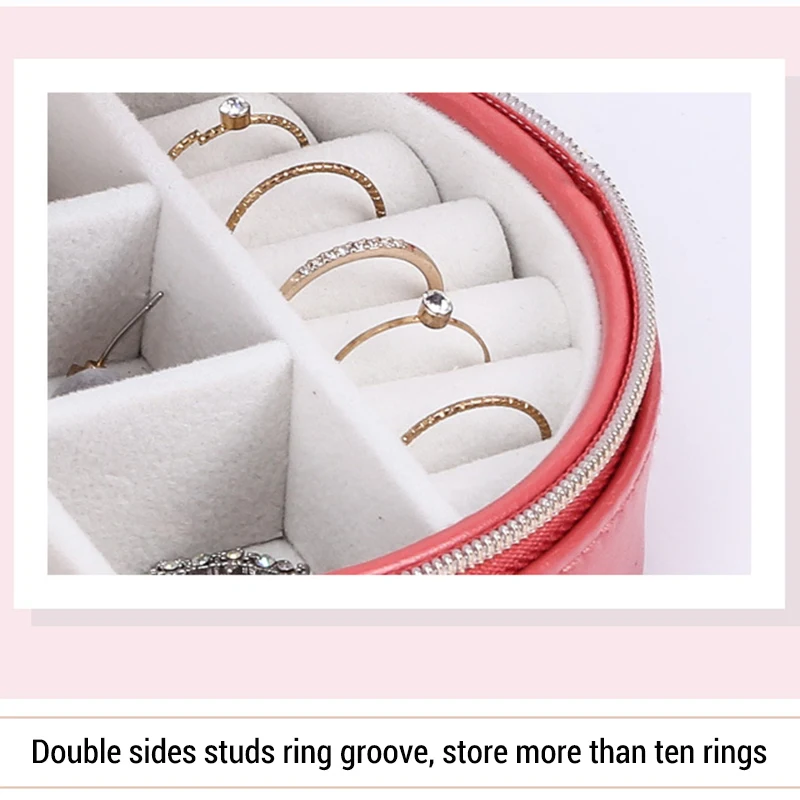 Portable Round Jewelry Box Travel Zipper PU Leather Jewellery Packaging Display Organizer Gift Box Earring Storage Carrying Case