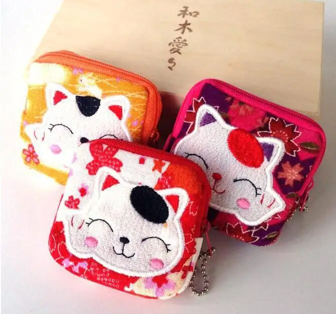 50pcs/pack Lovely Women Purse Lucky Cat 10 Styles Small Zero Wallet Cloth Coin Purses Canvas Bag Student Gift Wholesale 8*8 cm