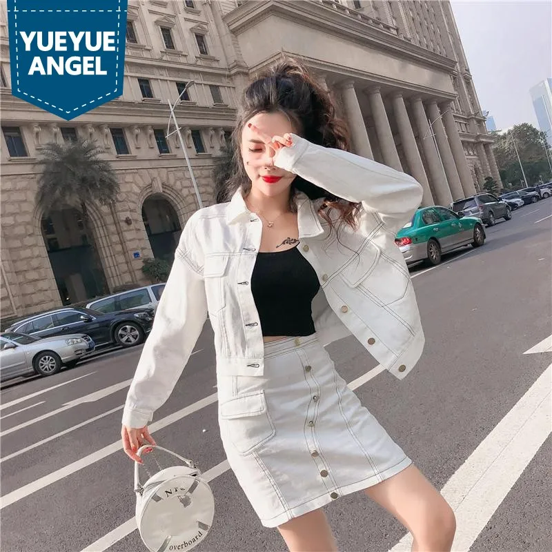 

New Fashion Preppy Style Single Breasted Short Denim Jacket Coat High Waist Pockets Wrap A-Line Skirt Women Two Piece Outfits