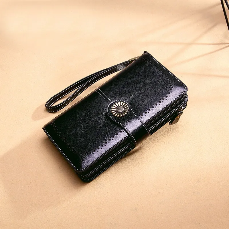 Черный Aliwood Brand Hollow Women Clutch Leather Wallet Female Long Wallet Women Zipper Purse Strap Money Bag Purse For iPhone Carteira - Цвет: Черный