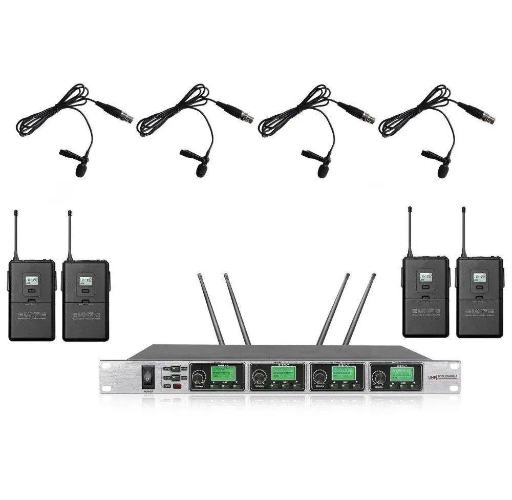 Bolymic Профессиональный 4 канала PLL UHF Wireess Lavalier отворотом микрофонная система micro