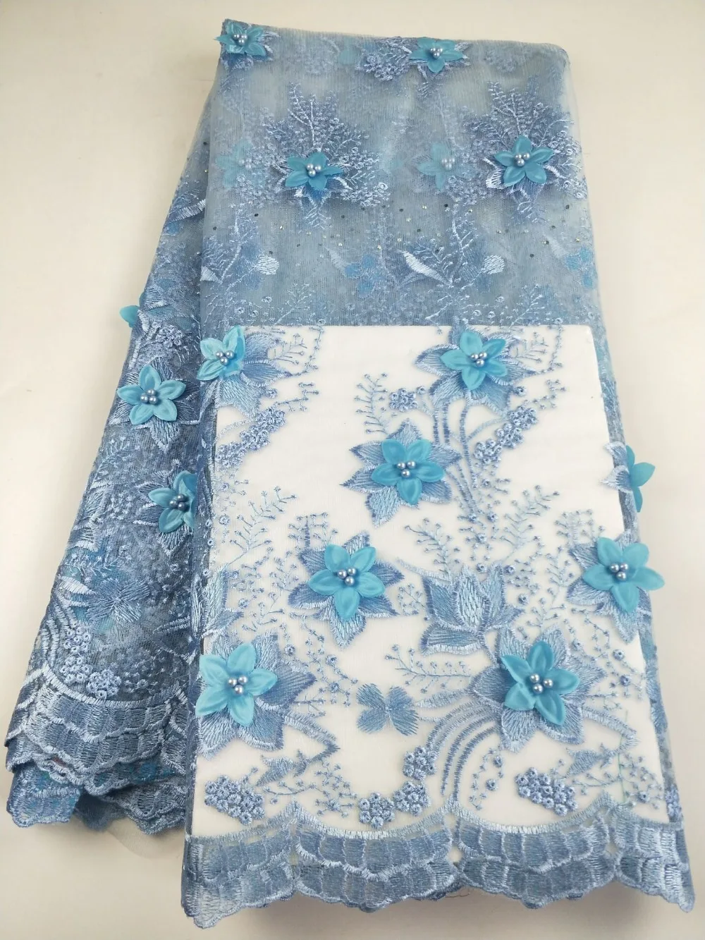 High Quality Nigerian 3D Flower Lace With Beads African French Net Fabric Embroidered Tulle For Dress CN007 | Дом и сад