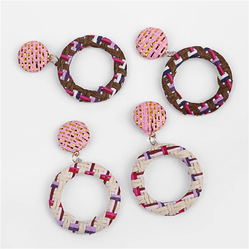 THRWELL Circle Handmade Rattan Straw Weave Pendant Earrings for Women Geometric Statement Fashion Jewelry Gift | Украшения и