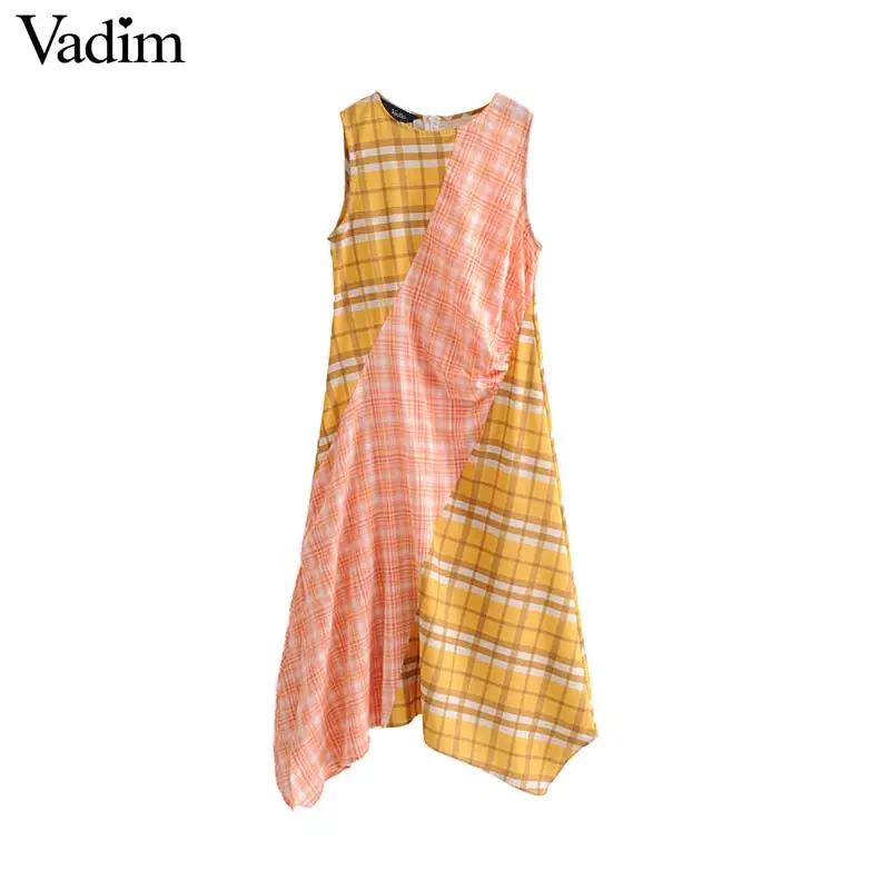 Vadim милый Женский клетчатый платье средней длины в стиле пэчворк без рукавов с