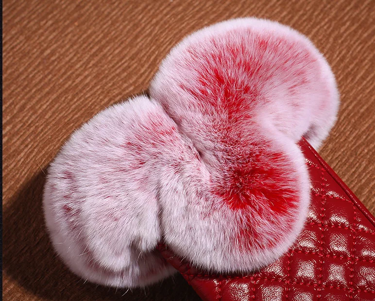 

Ladies leather touch screen gloves spring and autumn gloves Rex rabbit hair cuffs and velvet gloves inside the mouth