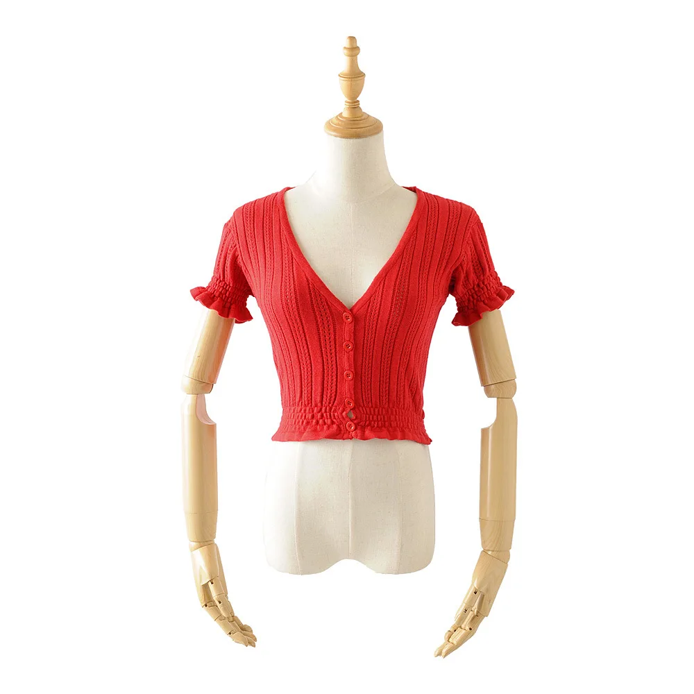 Женский кардиган с коротким рукавом трикотажный V образным вырезом и вырезами