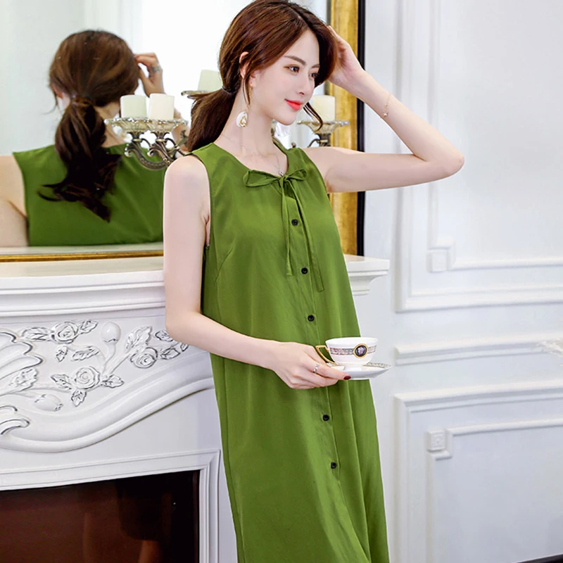

Solid Sleeveless Women Dress Summer 2019 Fashion Button Solid Straight Dress Chic Bow Lace Up O-Neck Elegant Ladies Mini Dress
