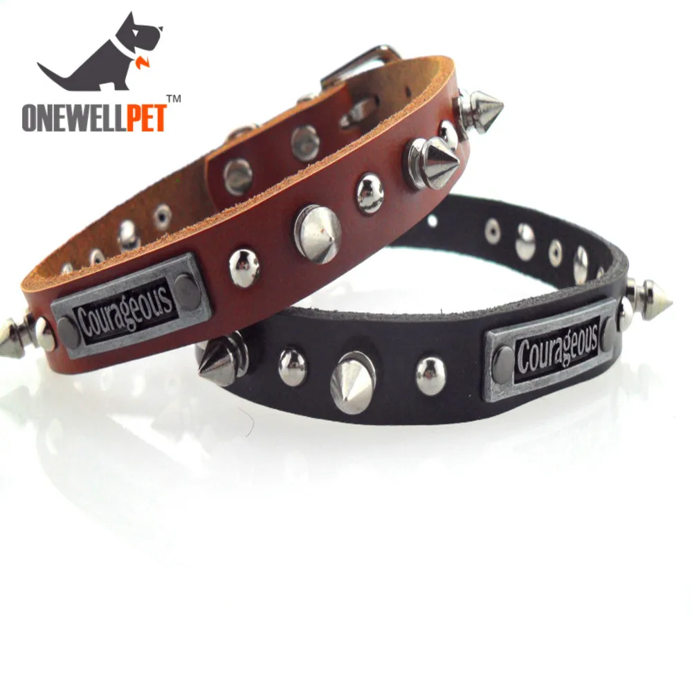 

Onewellpet Brand Quality Leather Collar With Decoration Of Spike And Courageous Nameplate For Chihuahua And Other S Pet Dogs