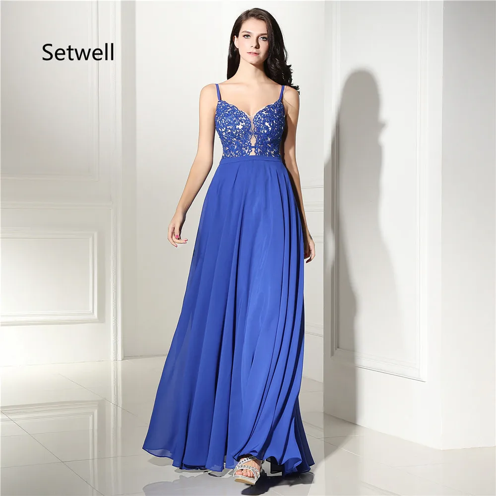 

Setwell Simple Royal Blue Evening Dresses Sexy V-Neck Summer Chiffon Prom Gowns High Quality Applique Evening Dress