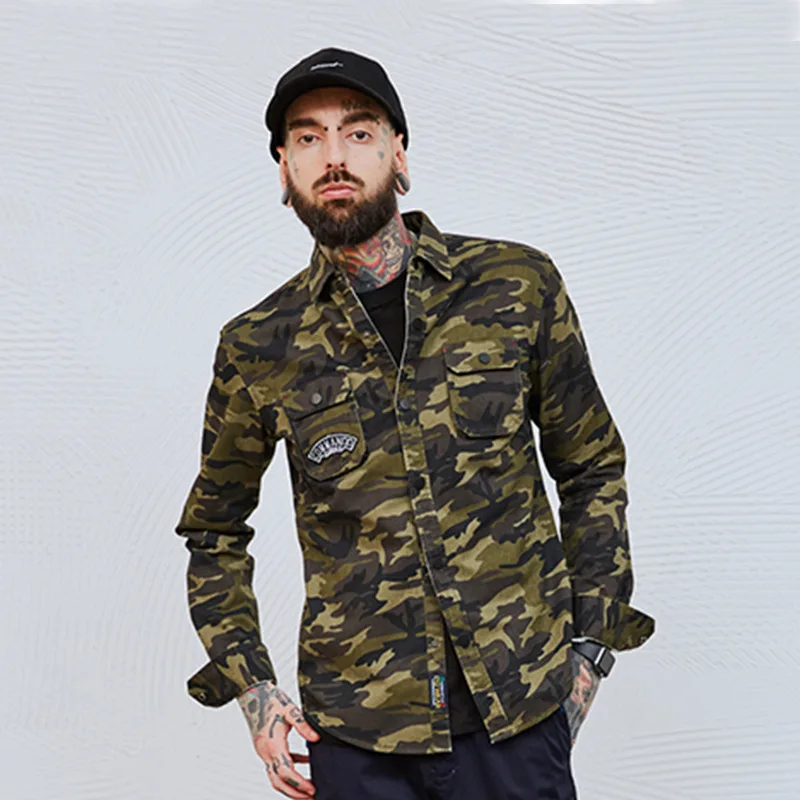 New men's clothing tool camouflage jacket lapel top pocket tooling wind young fashion casual denim shirt WL-45-555730184589 | Мужская
