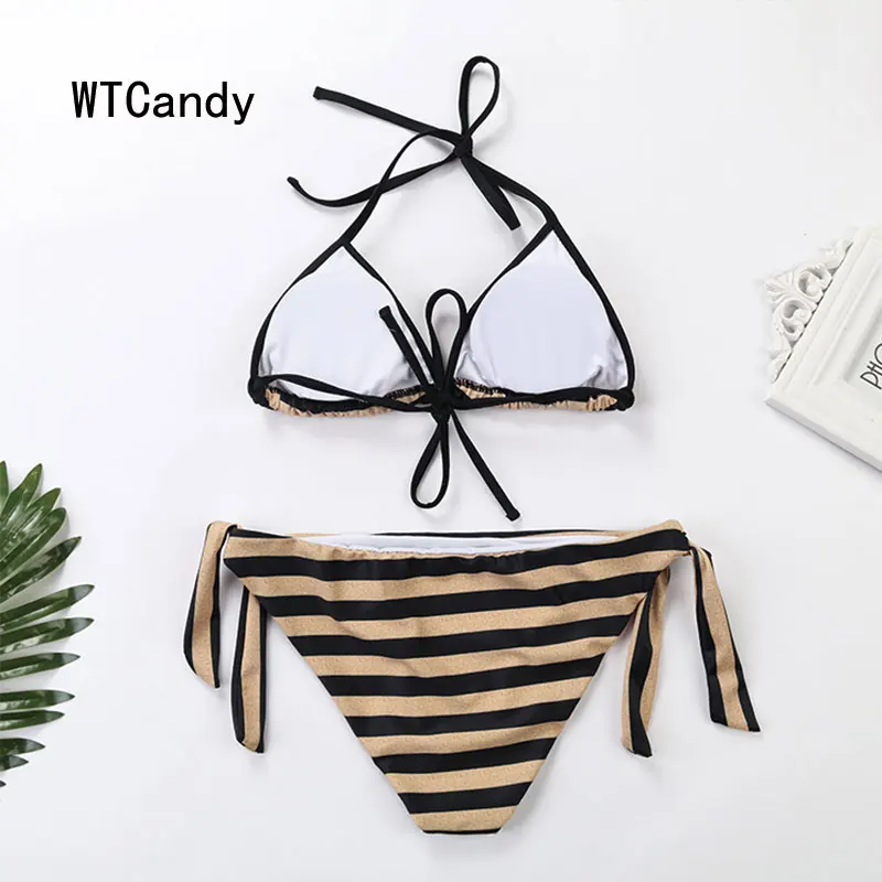 WTCandy 2019 Sexy Micro Bikini Bandage Swimsuit Beach Biquini Print Striped Swimwear Women Bandeau Bathing Suit New Swim Wear |
