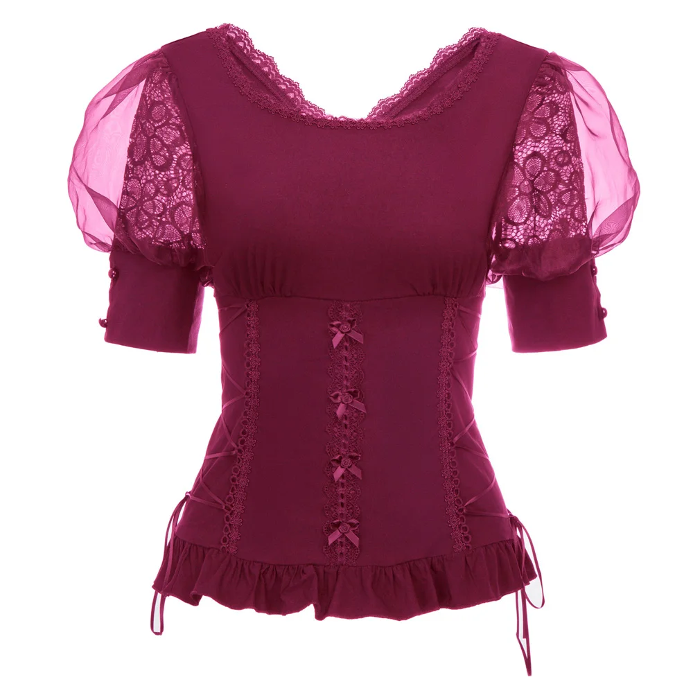 Crew neck Corset tops Retro Shirt Evening party Ladies Blouse Bandage V-back Ruffled hem Casual Womens Fashion | Женская одежда
