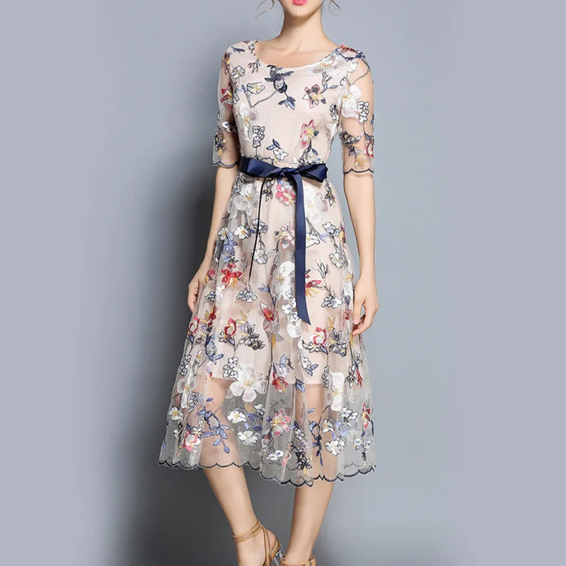

2018 autumn new women dresses mesh embroidery O-Neck European and American Dress super fairy slim temperament dress