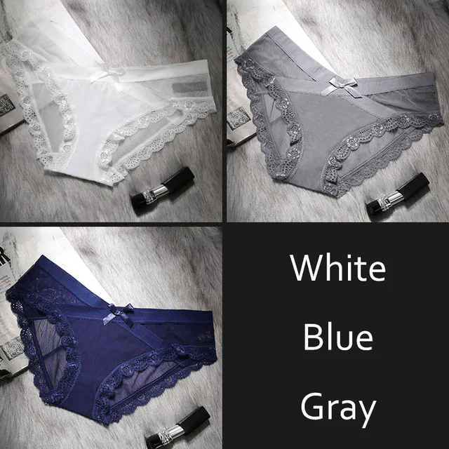 Grey White Blue DULASI, сексуальные кружевные прозрачные сетчатые трусики, женские, дышащие, низкая талия, нижнее белье, милый бант, бесшовные трусы, нижнее белье - Цвет: Grey White Blue