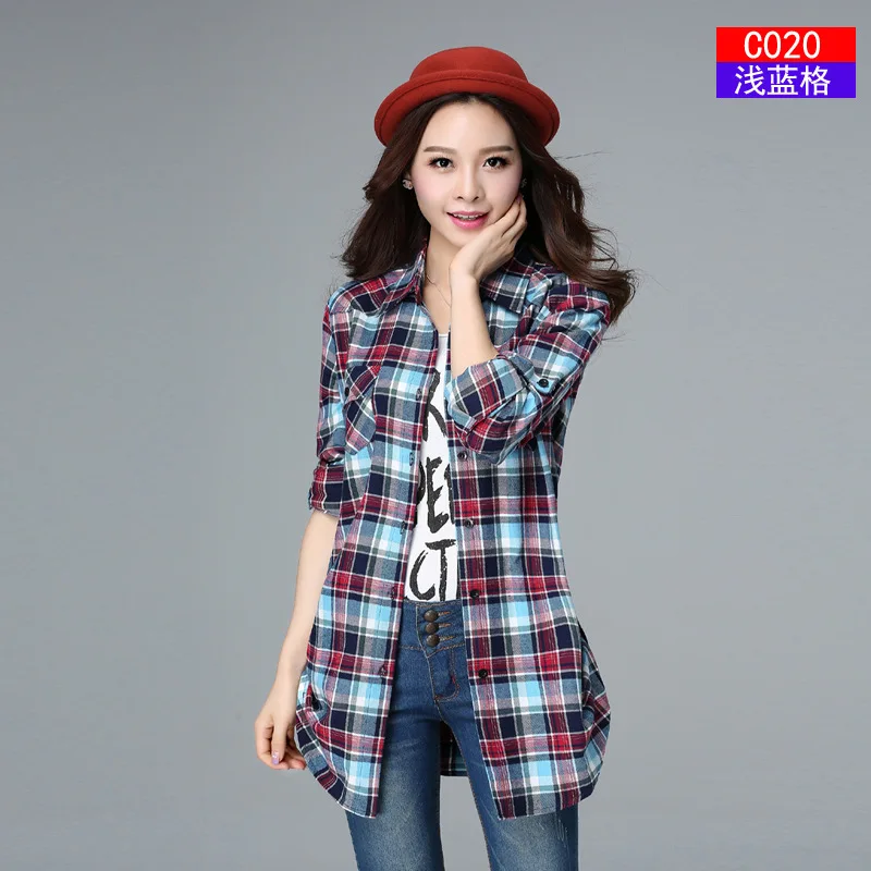 Женская клетчатая блузка для женщин топы с длинными рукавами размера плюс хлопок