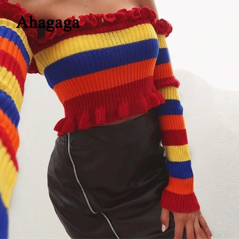 2018 Autumn Winter Sweater Women Pullovers Fashion Regular Long Sleeve Casual Slash Neck Sexy Short Sweaters Blusas Female | Женская