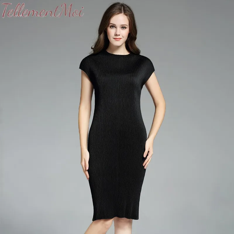 Business Dresses for Women Casual Black Short Sleeve Pleated Dress O Neck Bodycon Pencil Slim Formal Office Sheath | Женская одежда