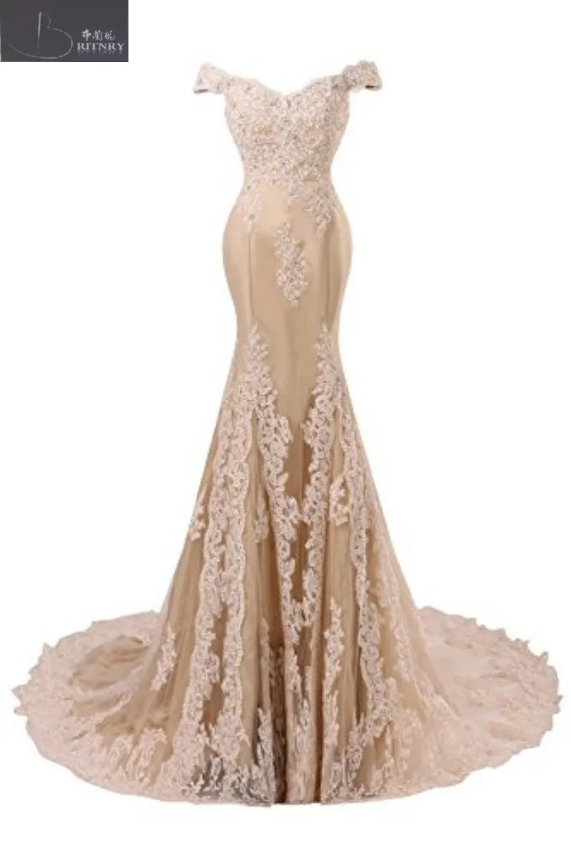 Винтажные свадебное платье с открытыми плечами Труба суд Поезд молния Назад