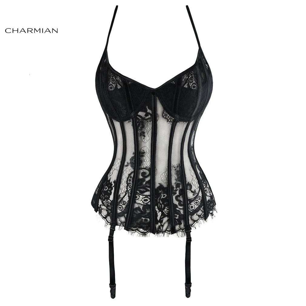 Женский корсет Charmian черный прозрачный с цветочным принтом бретелькой через шею