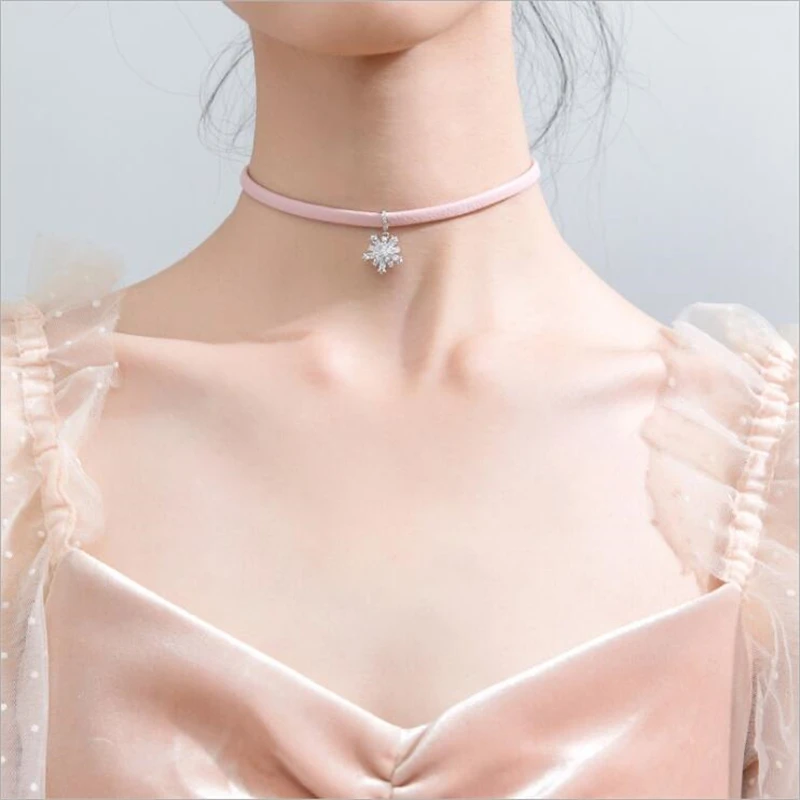 

100% s925 Silver Cute Pink Belt Clavicle Chain Exquisite Snowflake Pendant Jewelry Fashion Kids Girl Lady D5144