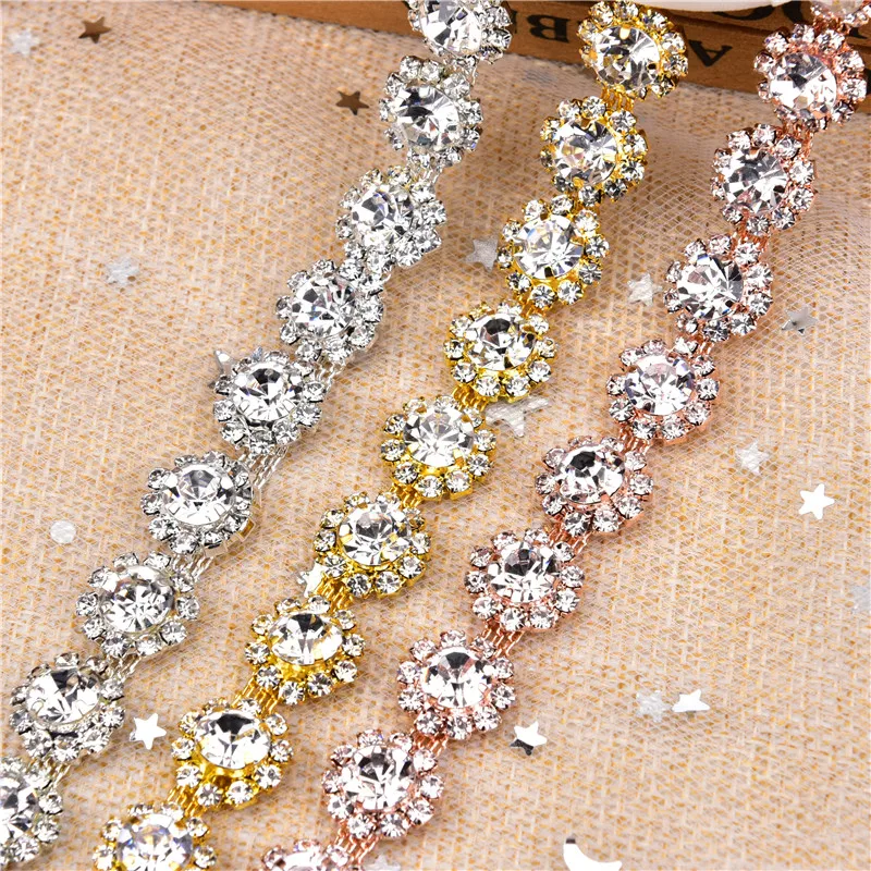 1 Yard Aaa-Grade Flower Crystal Clear Round Glass Rhinestone Cup Chain Rose Gold Base Dress Belt Trim Applique Sew On Garment