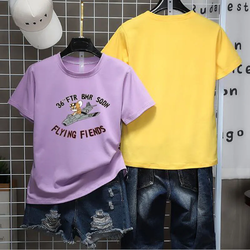

Cute Cartoon Print T shirt Women High Quality Short Sleeve Round Neck Cotton Spandex Women Tops Slim Fit Women T-shirt