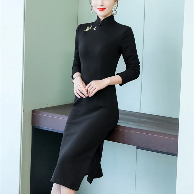 Черный традиционный китайский Ципао платье бабочка вышивка хлопок cheongsam женские