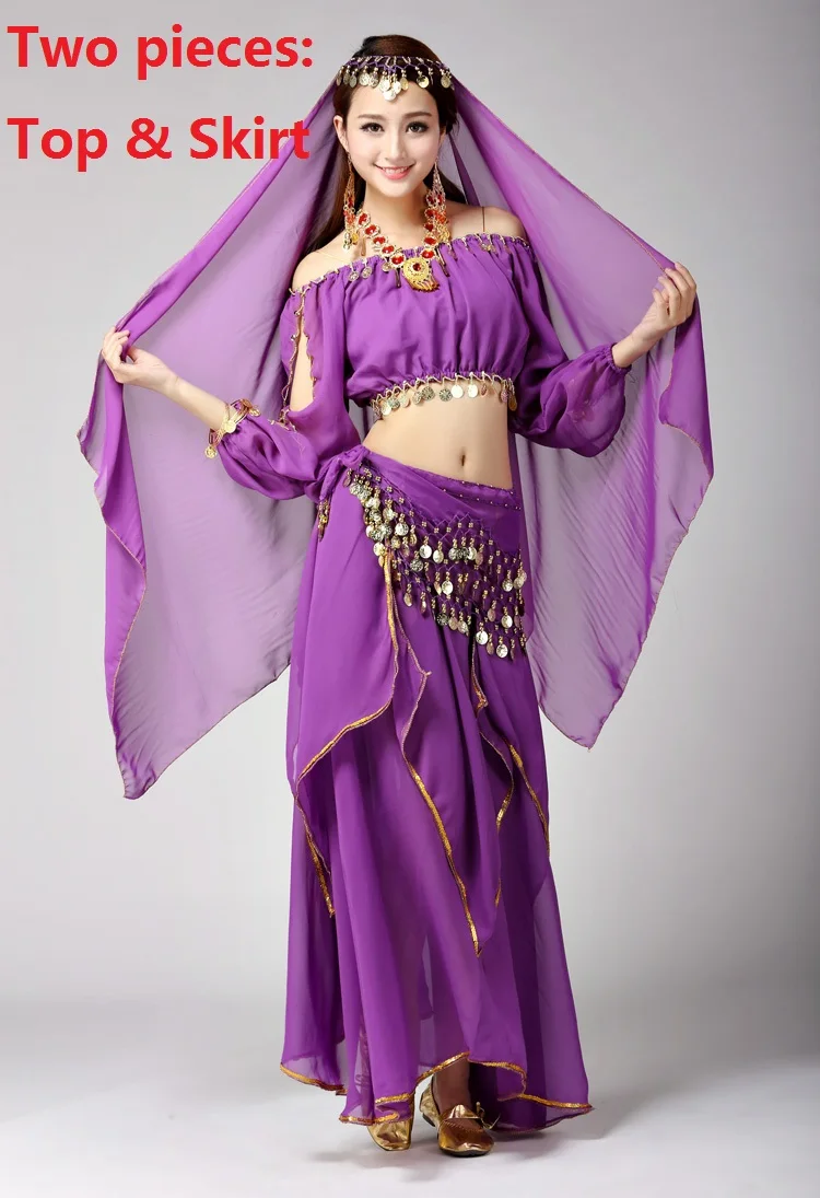 purple2pcs Набор костюма для танца живота танец живота Профессиональный Болливуд костюмы женские юбки размера плюс взрослые индийские платья для танцев s - Цвет: purple2pcs