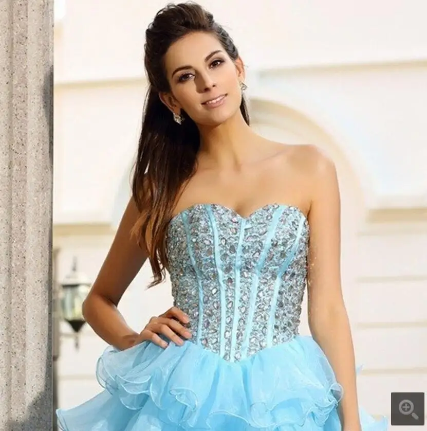 2017 платье для выпускного со стразами небесно голубое многослойное короткий