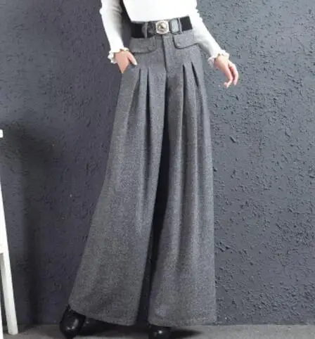 light gray Шерстяные брюки женские осенние модные шерстяные брюки с высокой талией с поясом женские зимние толстые широкие брюки размера плюс S-3XL A3948 - Цвет: light gray
