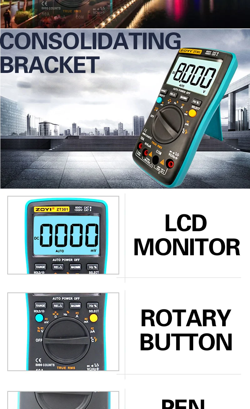 ZT301 ZT302 ZT303 Цифровой мультиметр 8000 отсчетов True-RMS задний светильник AC DC Напряжение Амперметр Ток Ом Авто/ручной