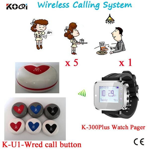 Wireless Waiter Bell System Best Quality 433.92MHZ Restaurant Pager 1 Watch Receiver Pager With 5 Waterproof Buzzer Button Bell