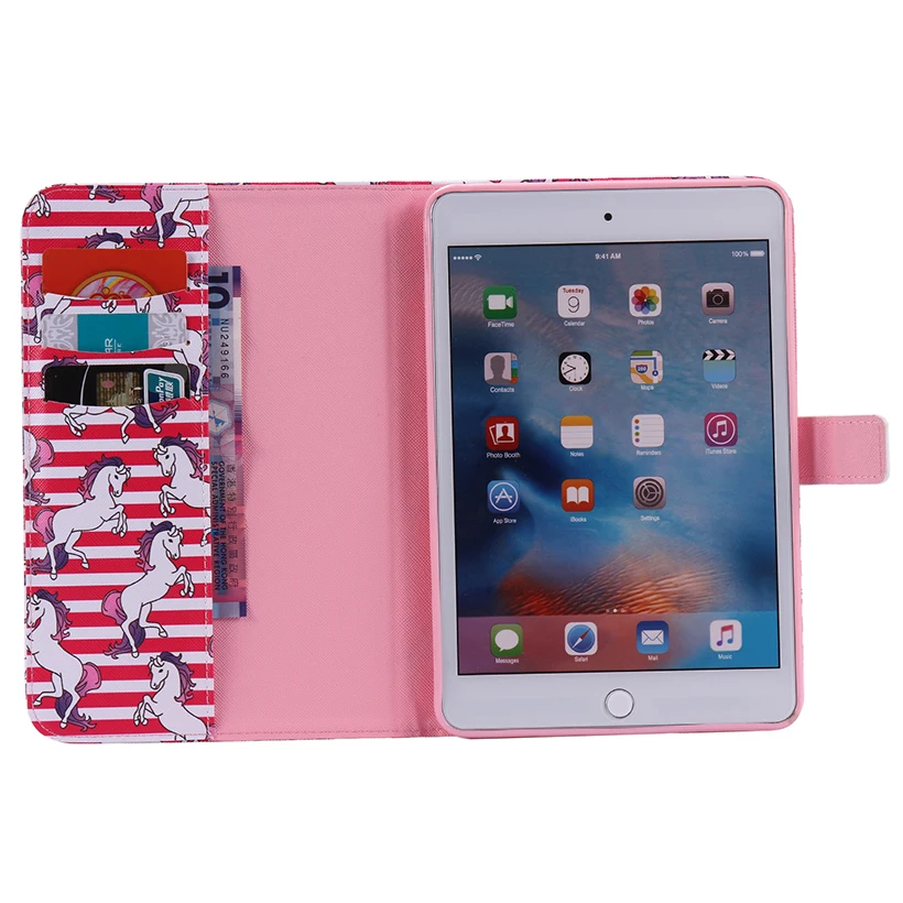 Cartoon Painted Flip PU Leather Case For Apple iPad Mini 4 Cover Magnetic smart Card Slots wallet Protective Shell Capa Shield | Компьютеры