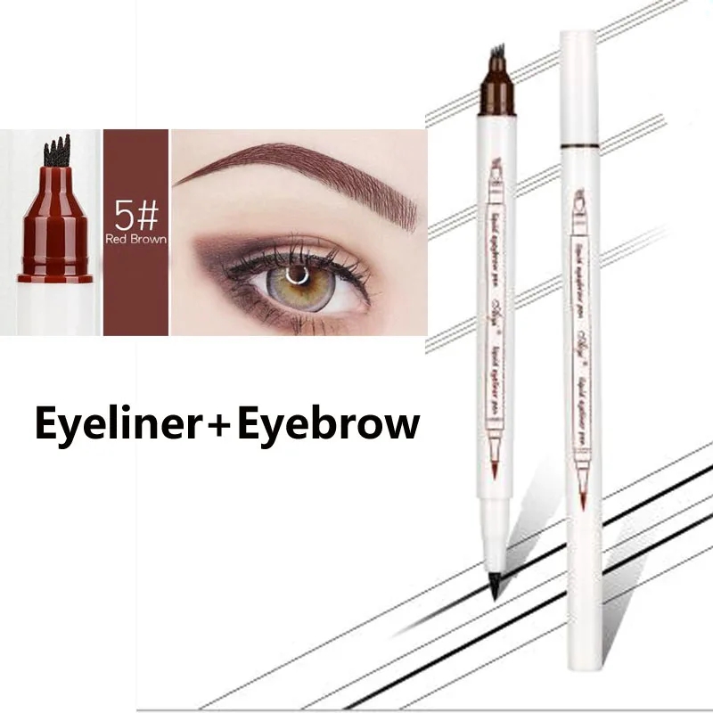New Red Brown Абсолютно карандаш для бровей, водостойкий, вилка, кончик бровей, тату-ручка, 4 головки, тонкий эскиз, жидкий, для увеличения бровей, краситель, оттенок, ручка - Цвет: New Red Brown