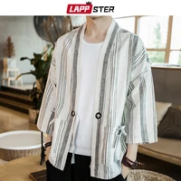lappster summer stripe patchwork kimono jacket 2021 streetwear wind breaker ribbons cardigan cotton linen jacket open stitch 5xl