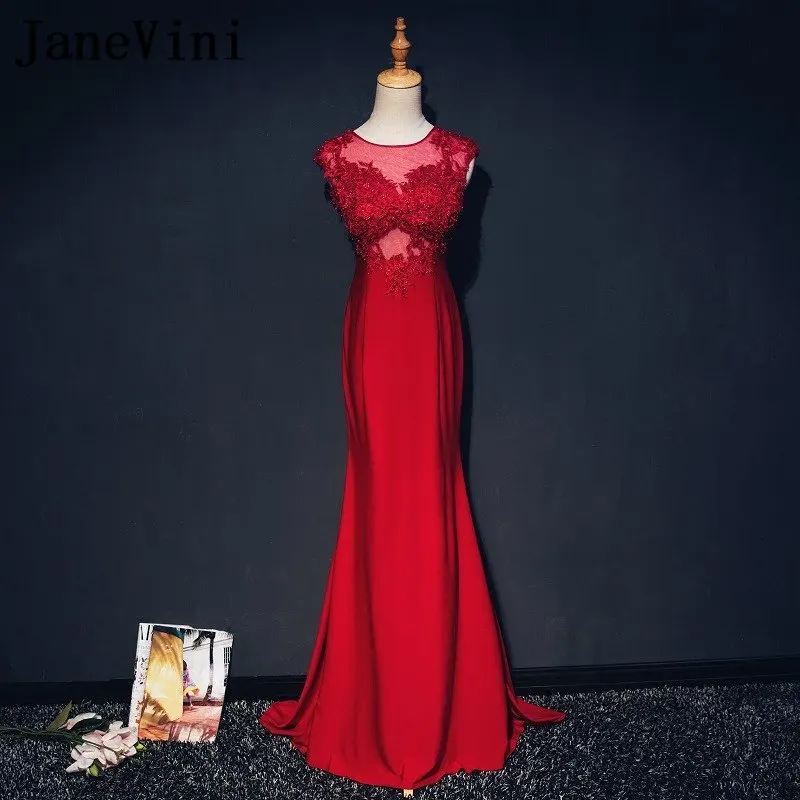 

JaneVini 2019 Red Mermaid Prom Dress Long Beaded Woman Evening Formal Dresses See Through Applique Plus Size Ceremony Party Gown