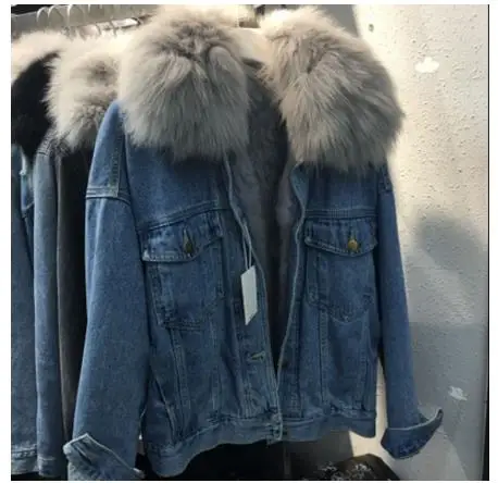 greyfur no holes Новинка, джинсовые куртки с натуральным лисьим мехом, женские парки, съемный воротник из натурального меха+ внутренняя часть из меха кролика, Женская куртка R66 - Цвет: greyfur no holes
