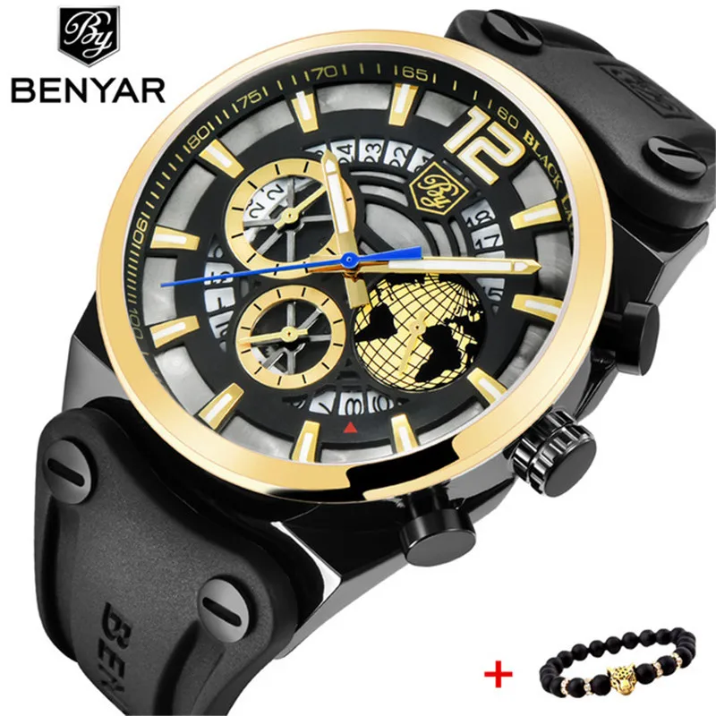 BENYAR 2019 Top Brand Chronograph Men's Luxury Silicone Quartz Men Watches Stainless Steel Sports Watch Clock Relogio Masculino