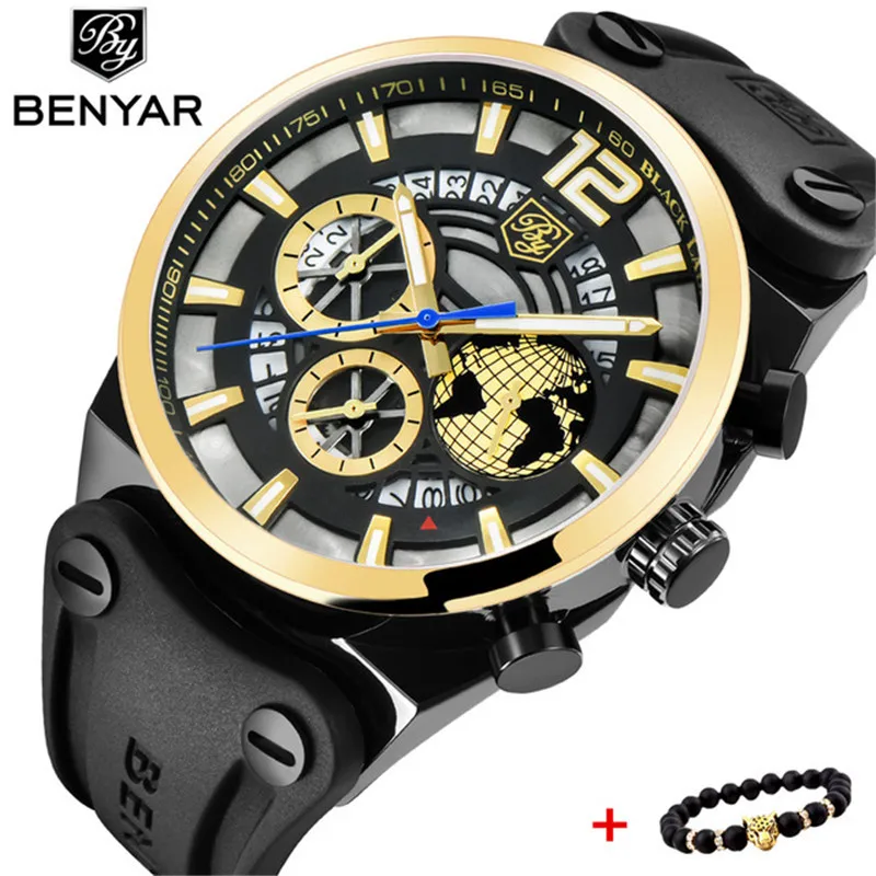 

BENYAR 2019 Top Brand Chronograph Men's Luxury Silicone Quartz Men Watches Stainless Steel Sports Watch Clock Relogio Masculino