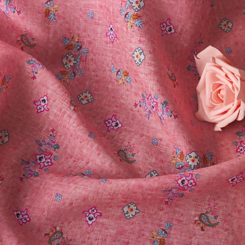 

Pure ramie fabric Pink Flower Print tissu High-end dress and garment handicraft fabrics