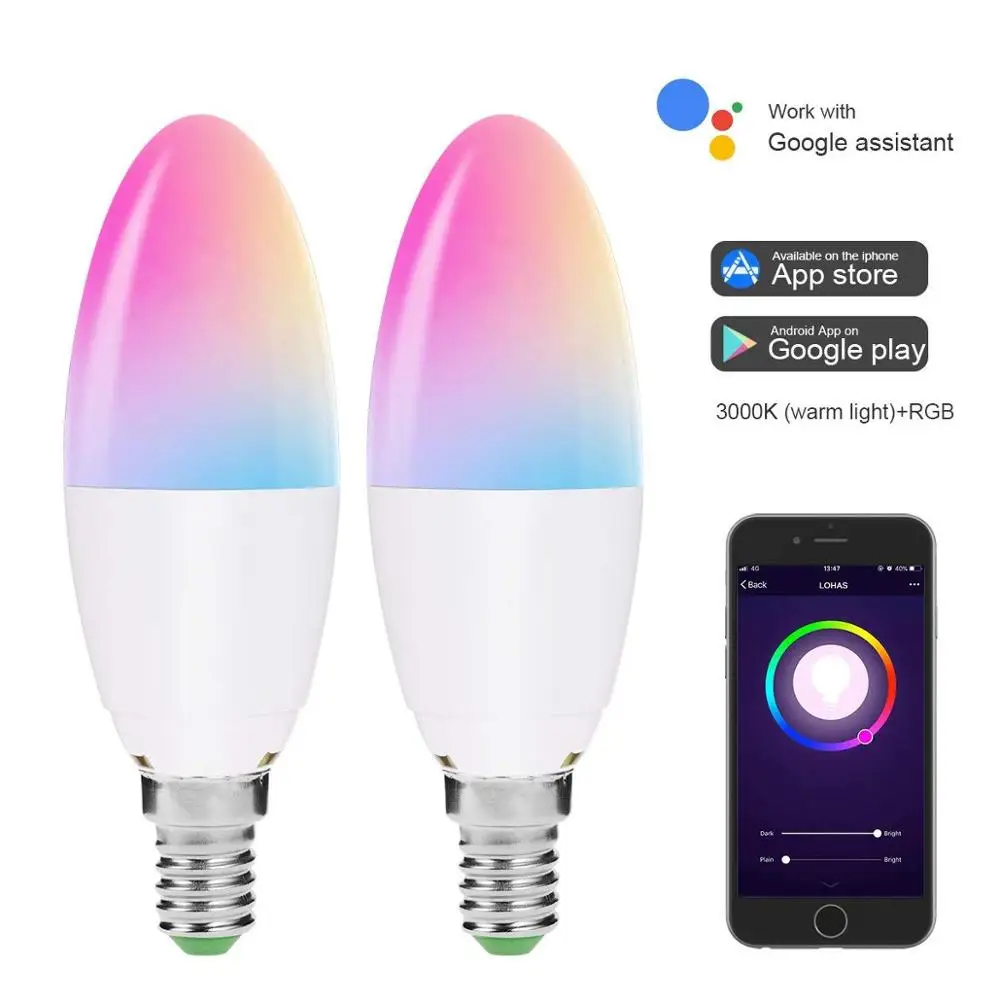 2 Pack E14 WiFi светодиодные свечи лампы работает с Alexa Google Home 5W равен 40W RGB + теплый белый