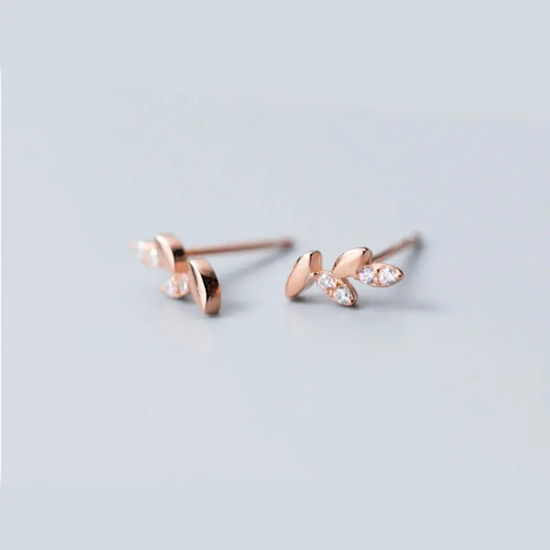 rose gold Милые ювелирные изделия нежные девушки женские серьги-гвоздики крошечные CZ трава 925 пробы серебро маленькие CZ серьги-гвоздики минималистичные - Окраска металла: rose gold