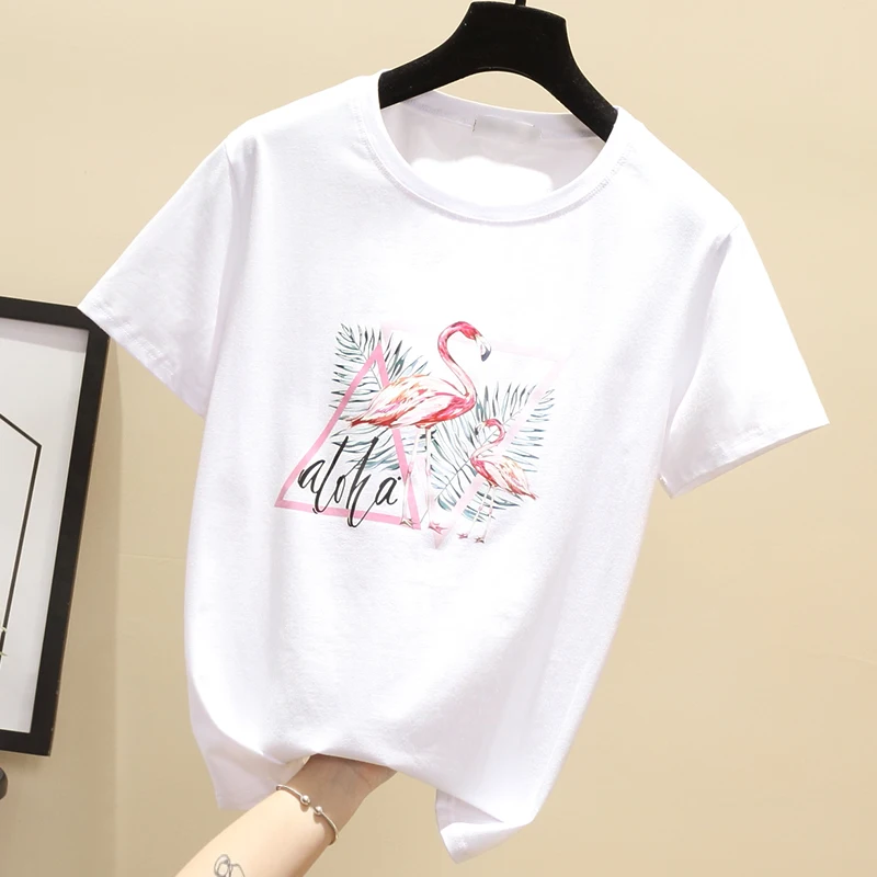 2019 Летняя женская футболка s Tumblr Harajuku Kawaii Мультфильм Фламинго одежда Femme Топы