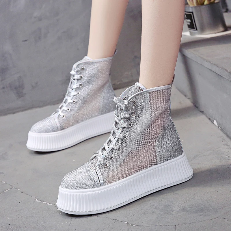 2019 женские ботинки на платформе обувь из сетчатого материала Плоском Каблуке